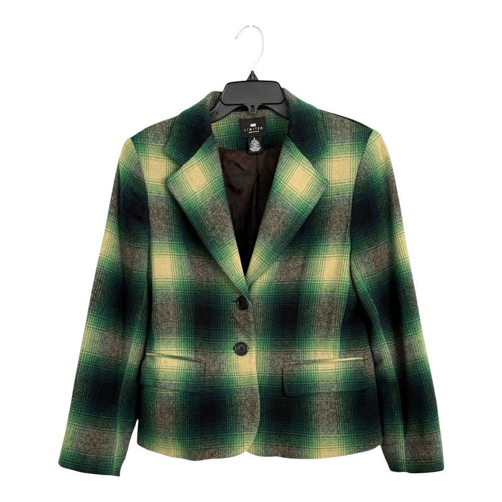 Limited America Wool Cashmere Green Plaid Blazer Jacket Sizes 8 Vintage 80s